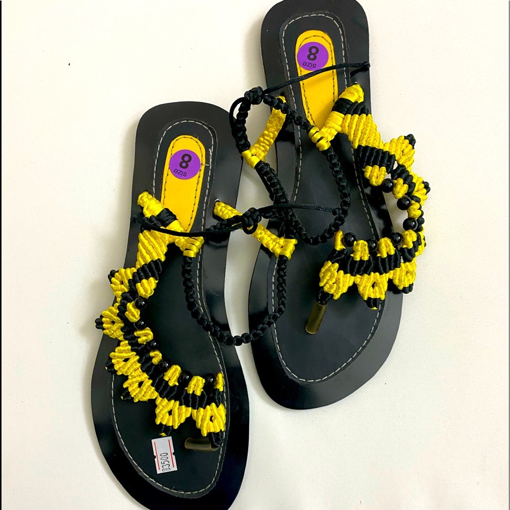 Macramé Leaves Design Sandals Women Summer Sandals Beach Yellow  & Black